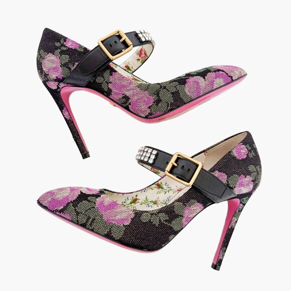 Gucci Sylvie Crystal Mary Jane Pump EU 36.5 US 6.5 Purple Floral High Heel - Picture 8 of 14
